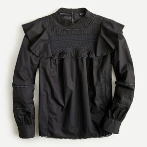 ❤️ J. CREW BLACK PEASANT BLOUSE TOP HIGH NECK CROCHET BALLOON SLEEVES BOHO SHIRT